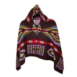 Woven Heart Aztec Tribal Boho Print Shawl Cape Hooded Poncho